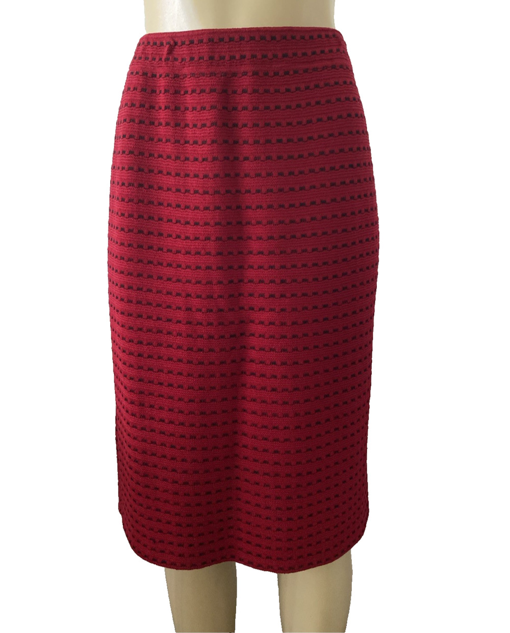 St John Collection Knit Skirt Pencil Straight Black Red Wool Blend Knee 12 L